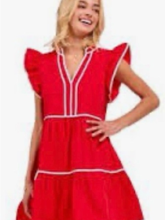 BiBi Dresses & Skirts - BiBi Cherry Red Tiered Cotton Dress with White Piping Trim